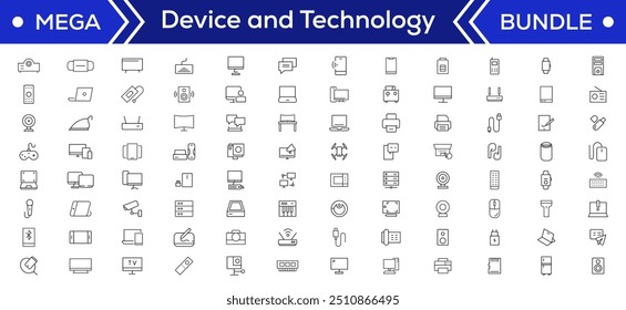 Device and technology line icon set. Electronic devices and gadgets, computer, equipment and electronics. Computer monitor, smartphone, tablet and laptop simple icon collections