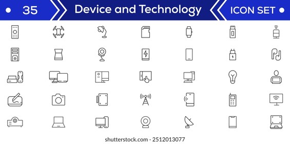 Device and technology line icon set. Electronic devices and gadgets, computer, equipment and electronics. Computer monitor, smartphone, tablet and laptop simple icon collections