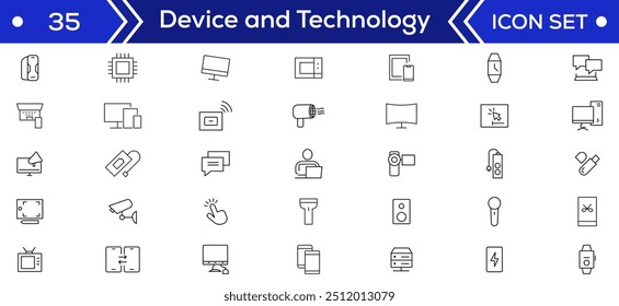 Device and technology line icon set. Electronic devices and gadgets, computer, equipment and electronics. Computer monitor, smartphone, tablet and laptop simple icon collections