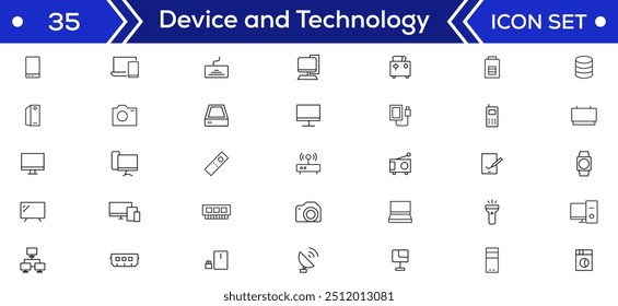 Device and technology line icon set. Electronic devices and gadgets, computer, equipment and electronics. Computer monitor, smartphone, tablet and laptop simple icon collections