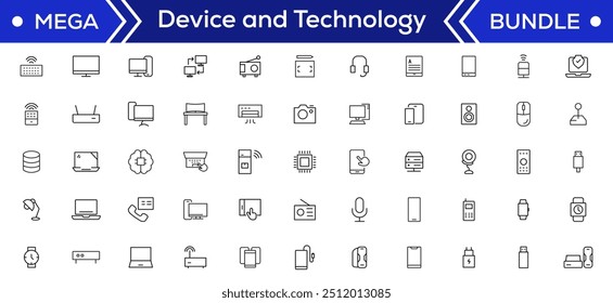 Device and technology line icon set. Electronic devices and gadgets, computer, equipment and electronics. Computer monitor, smartphone, tablet and laptop simple icon collections