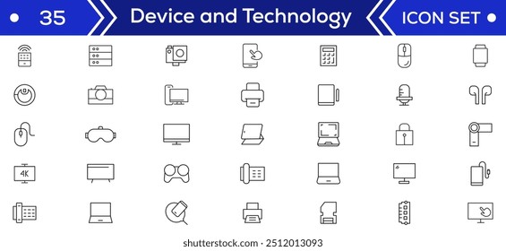 Device and technology line icon set. Electronic devices and gadgets, computer, equipment and electronics. Computer monitor, smartphone, tablet and laptop simple icon collections