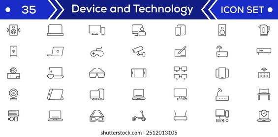 Device and technology line icon set. Electronic devices and gadgets, computer, equipment and electronics. Computer monitor, smartphone, tablet and laptop simple icon collections