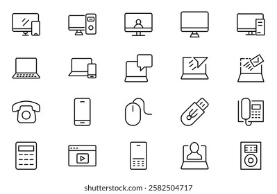 Device and technology line icon set. Electronic devices and gadgets, computer, equipment and electronics. Computer monitor, smartphone, tablet and laptop sumbol collection