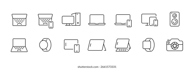 Device and technology outline icons set – line, linear, gadget and electronics symbols