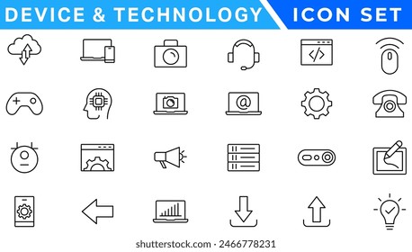 Device and Technology thin line icons set. Web icons. Devices, Computer, Smartphone, Tablet, Mail, Search, Tablet, Cloud, Media icon. Vector illustration
