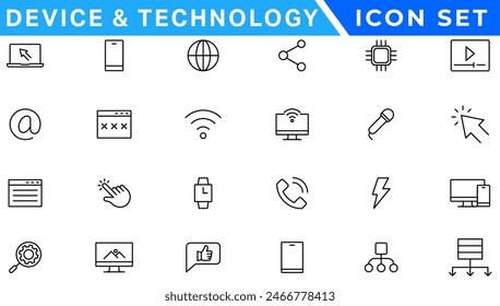 Device and Technology thin line icons set. Web icons. Devices, Computer, Smartphone, Tablet, Mail, Search, Tablet, Cloud, Media icon. Vector illustration
