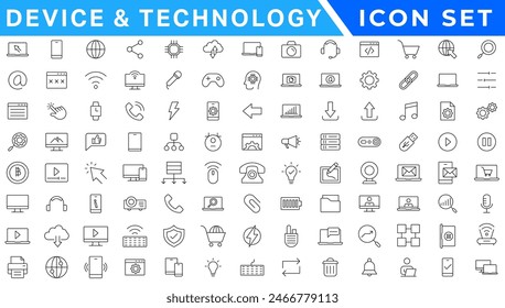 Conjunto de iconos de línea fina de dispositivo y Tecnología. Iconos Web. Dispositivos, Ordenador, Smartphone, Tablet, Correo, Búsqueda, Tablet, Nube, Icono de medios. Ilustración vectorial
