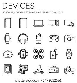 Device and Technology thin line icons set. Web icons. Devices, Computer, Smartphone, Tablet, Tablet, Media icon. Vector illustration.