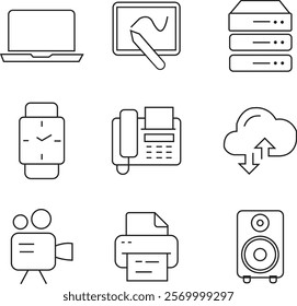 Device and Technology thin line icons set. Web icons. Devices, Computer, Smartphone, Tablet, Mail, Search vector illustration