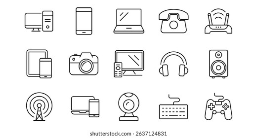 Device and Technology thin outline 15 icons set. Electronic devices and gadgets icons for web. Smart devices, headphone, hotspot, monitor, smartphone, laptop, server. Vector illustration.