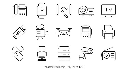 Device and Technology thin outline 15 icons set. Electronic devices and gadgets icons for web. Smart devices, drone, usb, monitor, printer, projector, mouse, etc. Vector illustration.