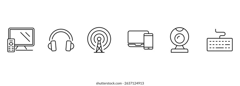 Device and Technology thin outline icons set. Electronic devices and gadgets icons for web. Smart devices, headphone, hotspot, monitor, smartphone, laptop. Vector illustration.