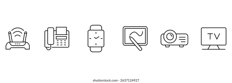 Device and Technology thin outline icons set. Electronic devices and gadgets icons for web. Smart devices, land phone, wi-fi, tv, tablet, projector, smart watch. Vector illustration.