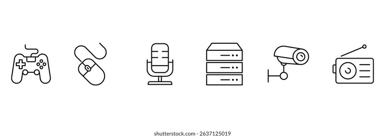 Device and Technology thin outline icons set. Electronic devices and gadgets icons for web. Smart devices, server, Gaming remote, cc camera, mouse, radio, microphone. Vector illustration.