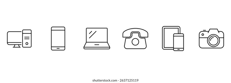 Device and Technology thin outline icons set. Electronic devices and gadgets icons for web. Smart devices, land phone, camera, monitor, smartphone, laptop. Vector illustration.