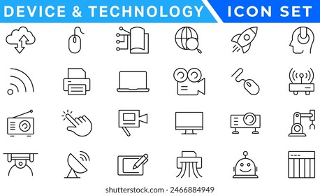 Device and technology web icons in line style. Computer monitor, smartphone, tablet and laptop. Vector illustration