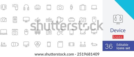 Device thin line art icon set. containing smartphone, tablet, laptop, desktop, smartwatch, headphones, camera, printer and more stroke icons