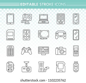 Device thin line icons set. Outline web sign kit of gadget. Electronics linear icon collection includes laptop, camera, ebook. Editable stroke without fill. Device simple vector symbol