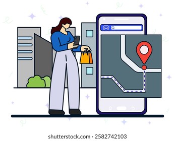 Device tracking app concept. A woman uses a smartphone to identify routes in the city center after shopping. GPS, maps, geolocation, navigation, urban street. 