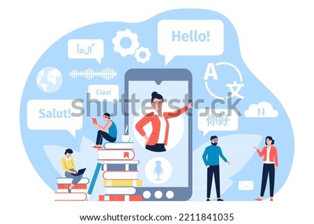 Device translator and dictionary app. Digital translations service for study or business. Online language translators with voice support, recent smart vector scene