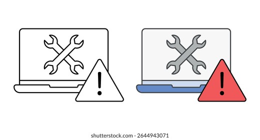 Ícone de solução de problemas de dispositivo com laptop, chave inglesa e símbolo de aviso, em estilos de estrutura de tópicos e cores, ideal para ilustrar o suporte de TI, diagnósticos de hardware e resolução técnica de problemas.