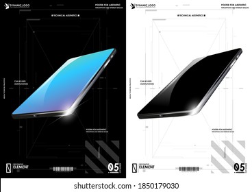 Device UI/UX mockup for presentation template. Modern Smartphone poster with futuristic HUD elements. Design and development, testing, SEO, social marketing, web technology.