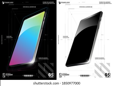 Device UI/UX mockup for presentation template. Modern Smartphone poster with futuristic HUD elements. Design and development, testing, SEO, social marketing, web technology.