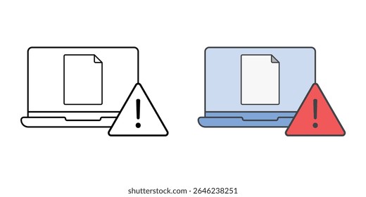 Ícone de política de uso do dispositivo com laptop, papel e sinal de alerta, em estilos de estrutura de tópicos e cores, ideal para ilustrar as regulamentações do dispositivo de TI, políticas de uso aceitáveis e diretrizes de tecnologia do local de trabalho.