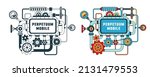 Device from various mechanical parts with frame for text. Steampunk machine with gears, pipes and screen for text. Perpetual motion machine. Vector image