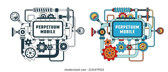 Device from various mechanical parts with frame for text. Steampunk machine with gears, pipes and screen for text. Perpetual motion machine. Vector image