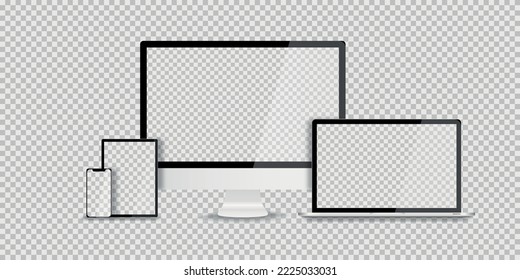 Device vector illustration collection on transparent background, set of computer laptop tablet and smartphone with empty screen