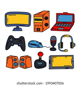Device Vector Illustration Design Collection of Monitor, Pc, Laptop, Game Stick, Mouse, Mic, Headphone, Speaker, Controller, Smartphone, Simple and Unique Doodle Cartoon in Line Art Style