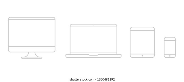 Device vector line icon isolated. Computer screen, laptop, tablet and phone isolated on white background. Stock vector.