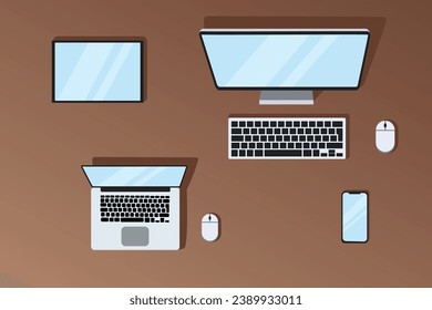 Gerät, Vektorgrafik minimalistischer Zeichensatz. Smartphone, Laptop, Tablet, Computer mit Computer-Maus-Draufsicht. Modernes Kommunikationssystem