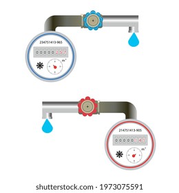 The device is a water consumption meter with a pipe and a tap. Vector illustration on a white background