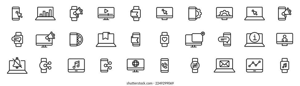 Iconos web de dispositivos. Conjunto de dispositivos inteligentes y gadgets. Iconos de dispositivos de línea plana. Conjunto de iconos de línea de dispositivo y tecnología. EPS 10