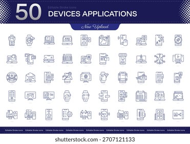 Dispositivos Aplicativos ícone de traçado. Dispositivos Aplicativos ícone de linha definido. ícone de traçado editável pacote. Pacote De Ícones De Estilo Linear, Fino E Linha. Totalmente personalizável