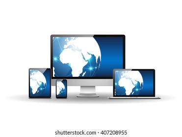 Devices with blue earth globe 
