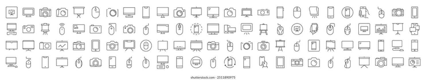 Devices Bundle of Related Line Icons. Editable Stroke for Design, Web Sites, Apps, Cards. Contains Linear Images of Phone, Photo Camera, Computer Mouse and PC