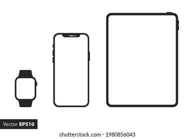 Equipo de recolección de smartwatch, smartphone, tablet. Conjunto de iconos de dispositivo digital, estilo plano. Ilustración del vector