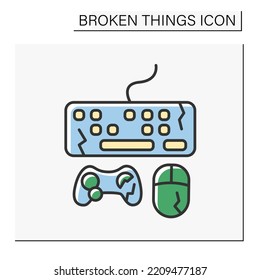 Devices Color Icon. Destroyed Electronic Devices. Smashed Keyboard, Joystick, And Computer Mouse. Vandalism, Chaos. Broken Things Concept. Isolated Vector Illustration