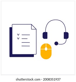 Devices color icon. Headset with microphone and headphones, computer mouse and tasks to do. Work atmosphere. Workplace.Office concept. Isolated vector illustration 