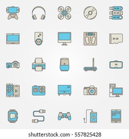 Devices colorful icons. Vector quadrocopter, smartwatch, clocks, smart scales, laptop and other gadgets creative signs