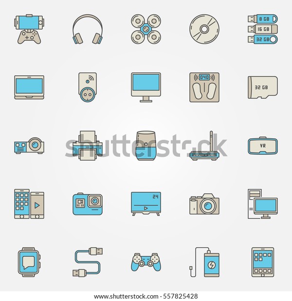 Devices\
colorful icons. Vector quadrocopter, smartwatch, clocks, smart\
scales, laptop and other gadgets creative\
signs