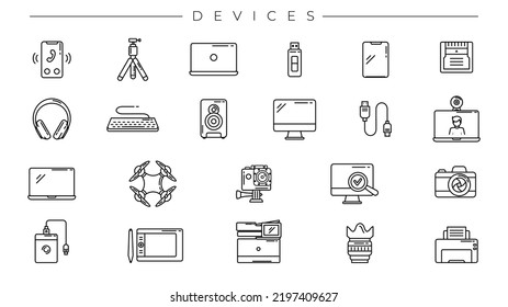 Devices concept line style vector icons set