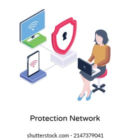 Dispositivos conectados con un escudo, un icono isométrico de la red de protección 

