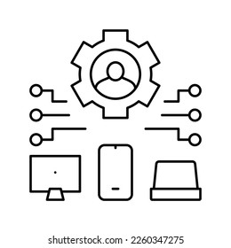 conexión de dispositivos del vector de icono de línea ugc del usuario. conexión de dispositivos del signo ugc del usuario. símbolo de contorno aislado ilustración negra