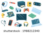 Devices cute stickers isolated set. Collection of fitness tracker, printer, music column, console, wifi router, tablet, cameras, tv, laptop, smartphone. Vector illustration in flat cartoon design