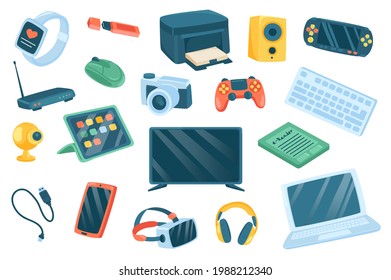 Devices cute stickers isolated set. Collection of fitness tracker, printer, music column, console, wifi router, tablet, cameras, tv, laptop, smartphone. Vector illustration in flat cartoon design